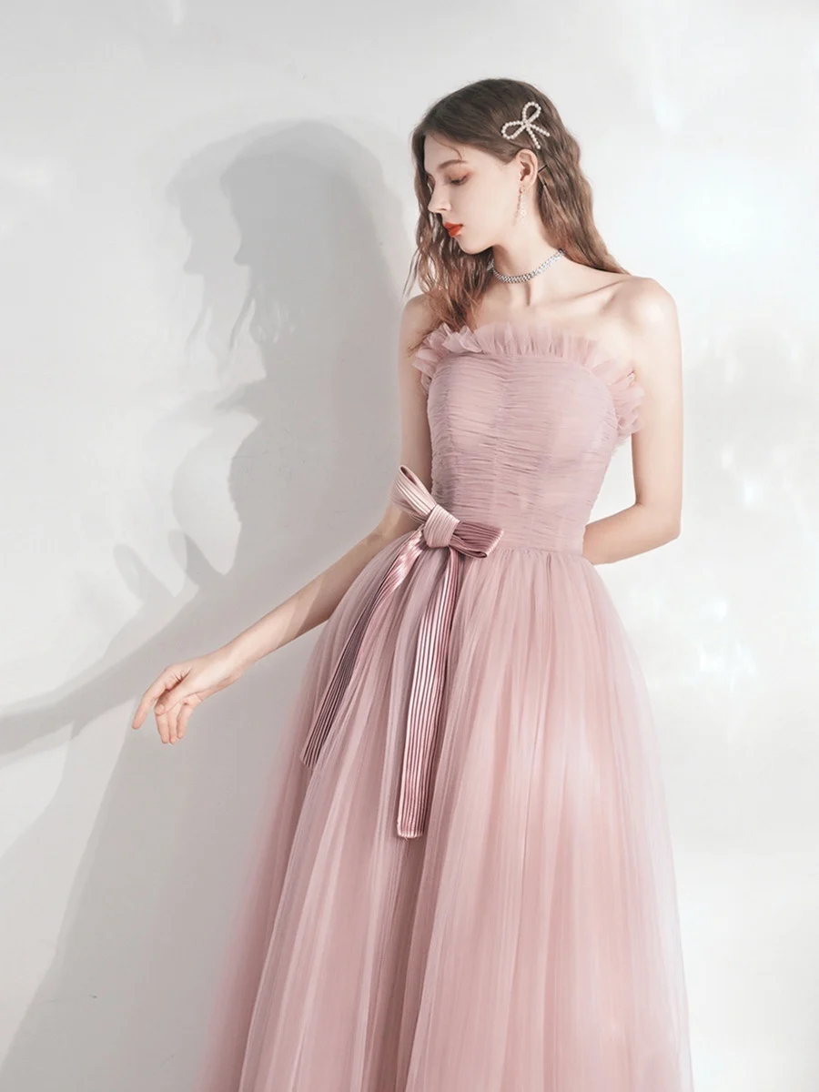 Elegant Pink Celebrity Dress Strapless Bow Tulle Backless Lace Up Sleeveless A Line Long Weeding Party Bridesmaid Prom Gowns New