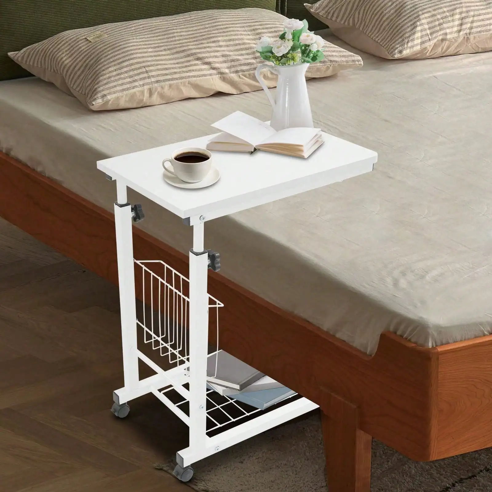 

White Adjustable Bed Side Table Computer Accessories With Wheels Pure White Movable Computer Desk & Bedside Accessories