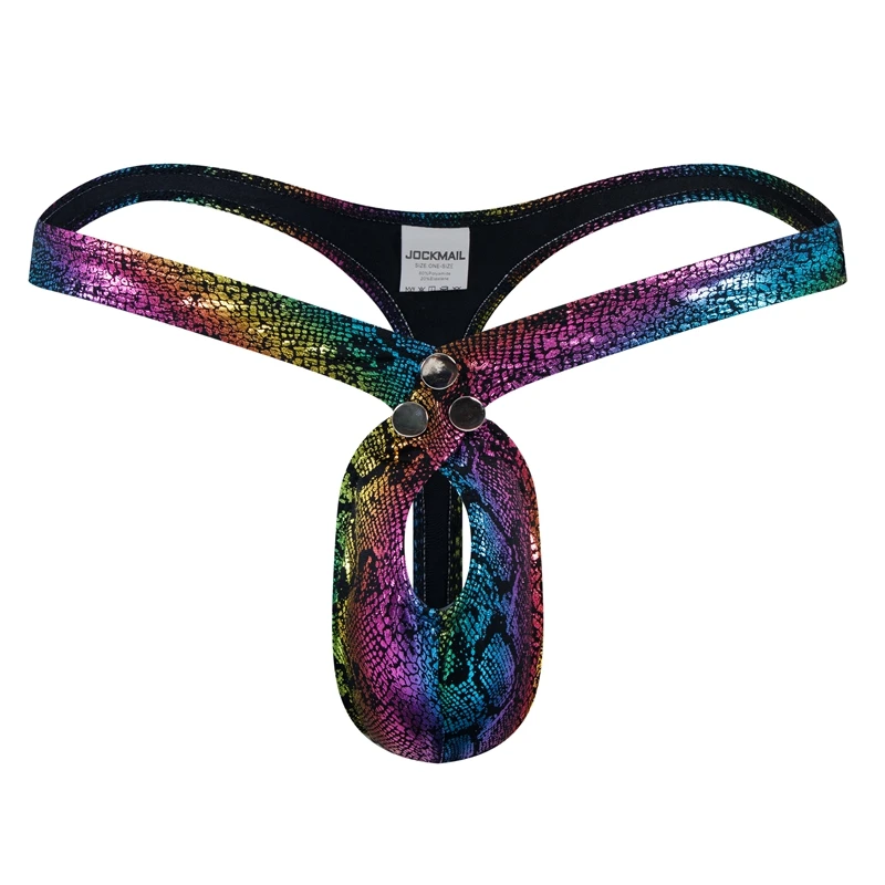 Thong Bikini Men Sexy G String Underwear Low Rise T-back Bulge Pouch Lingerie Underpants Snake-print Rainbow Faux Leather