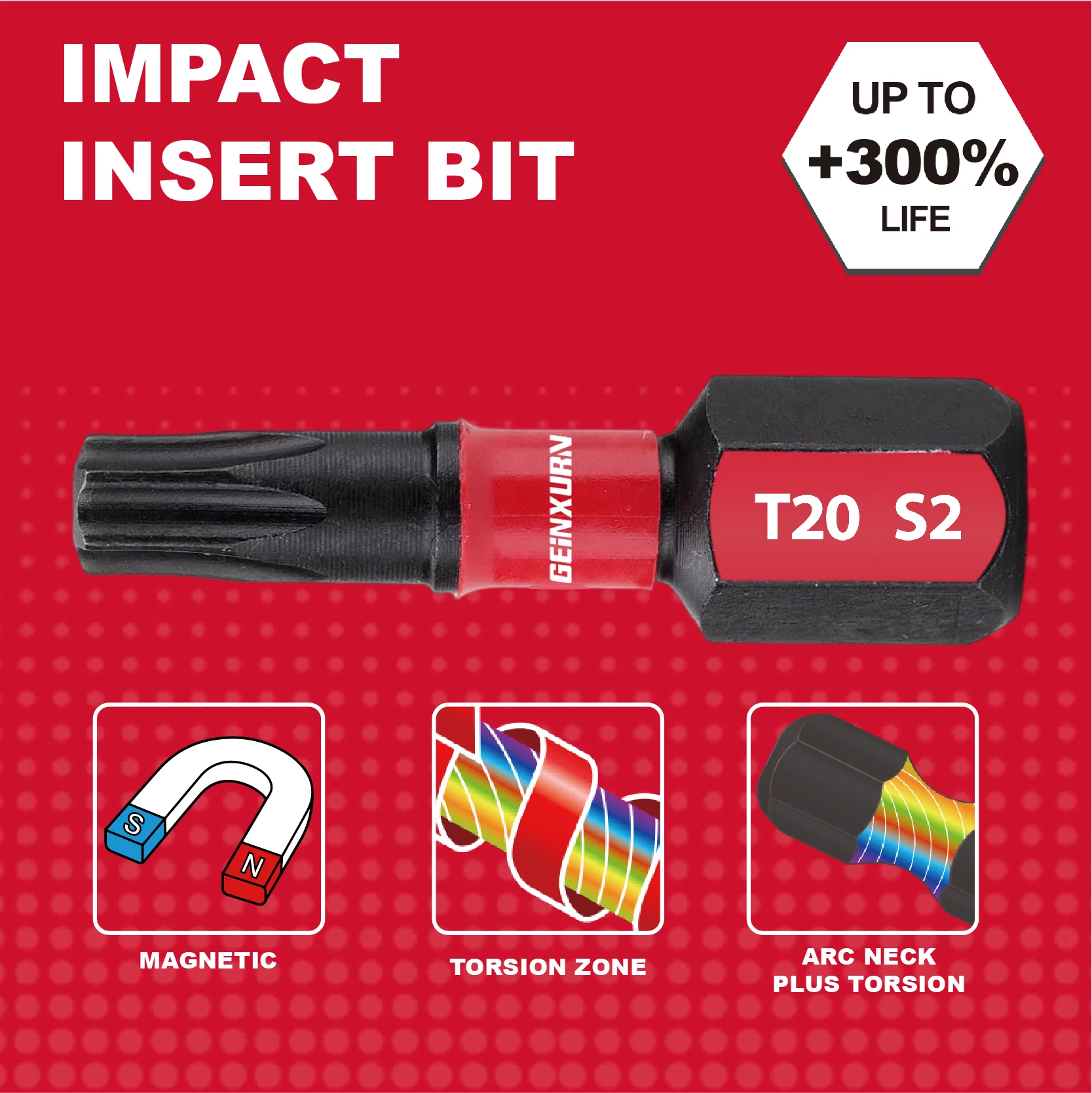 GEINXURN Impact Tough #20 Torx 1 in. Insert Driver Bits,Magnetic T20 Power Bits, S2 Alloy Steel T20 Screwdriver Bits Set Bulk