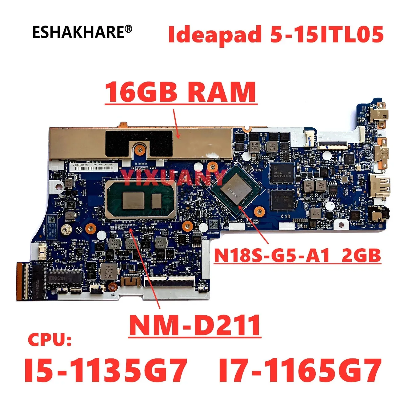 NM-D211 레노버 아이디어패드 5-15ITL05 노트북 메인보드 CPU I5-1135G7/I7-1165G7 RAM 16GB N18S-G5-A1 2GB 100% 테스트 완료됨
