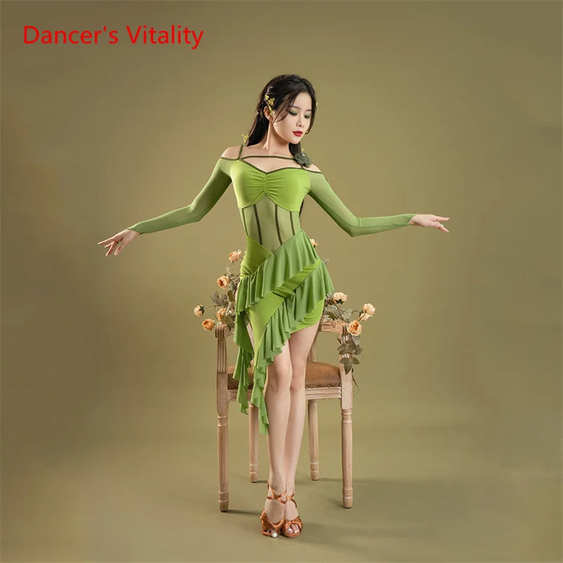 

Latin Dance Dress for Female Adult Gauze Long Sleeve High-end Chacha Rumba Performance Costume Women Latin Skirt