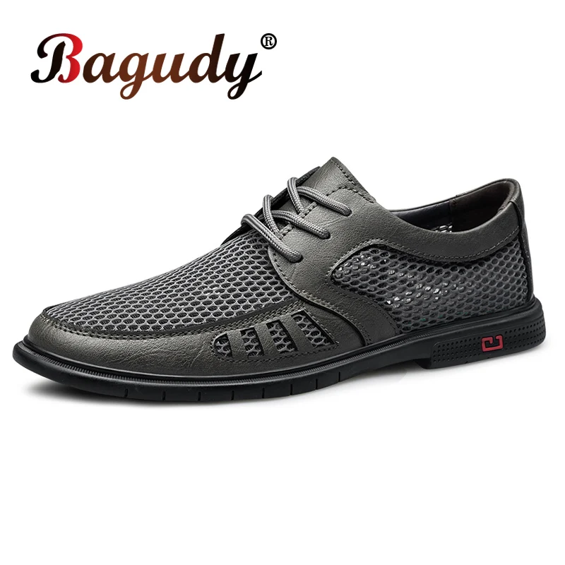 

New Summer Mesh Breathable Men Genuine Leather Casual Shoes Soft Sneakers Moccasins Men's Walking Driving Shoes Business Oxfords