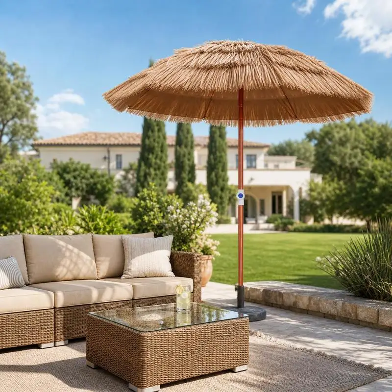 Parasol de patio en chaume tropical de 6 pieds, inclinaison réglable, structure métallique robuste, protection solaire UPF 50+ pour bord de piscine, terrasse et usage commercial en extérieur. Idéal pour les tables de bistrot, les loisirs en extérieur, les moments de détente au bord de la piscine et les scènes de thé en plein air.