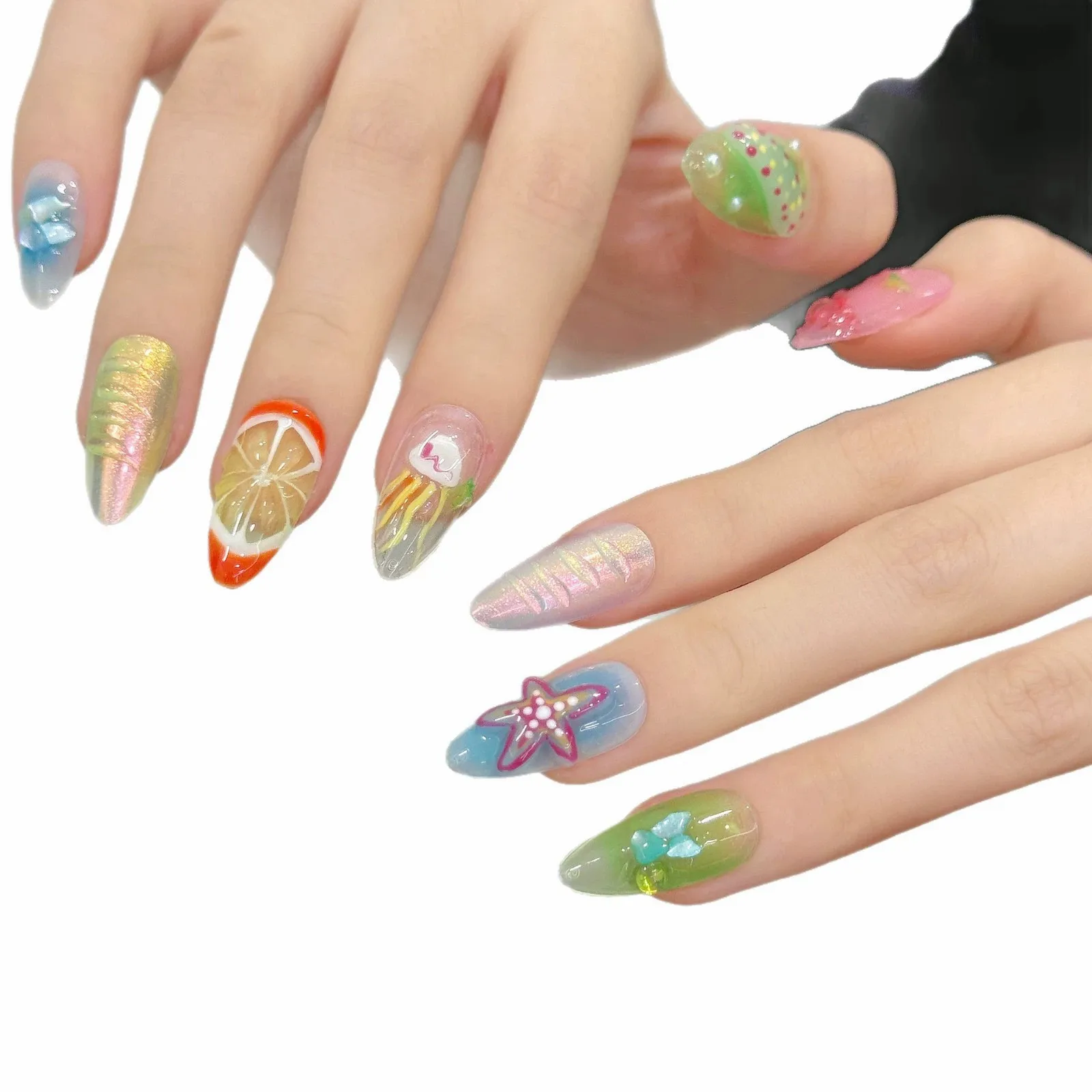 Kleur Dopamine Handgemaakte Druk Op Nagels Y2K Amandel Kunstnagels 10st 3D Gesneden Citroen Decor Flash Franse Fake Nail Tips Wearable