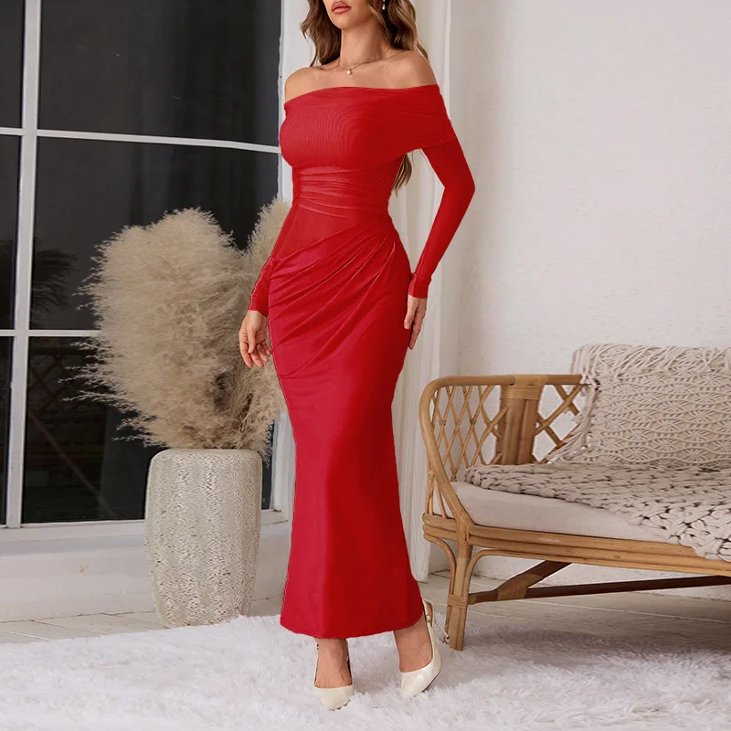 Vestido Vintage de un solo hombro empalmado de malla transparente con agujeros, vestido de noche negro para mujer, Vestidos rojos para fiesta de graduación, bata de otoño