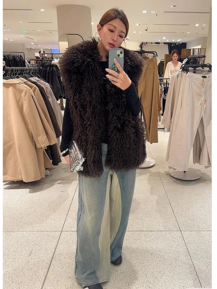 

New 2025 Autumn Lazy Sle Retro Artificial Fur Effect Svel Vest Women's Faion Polyester Fiber V-ne Warm Medium-Length
