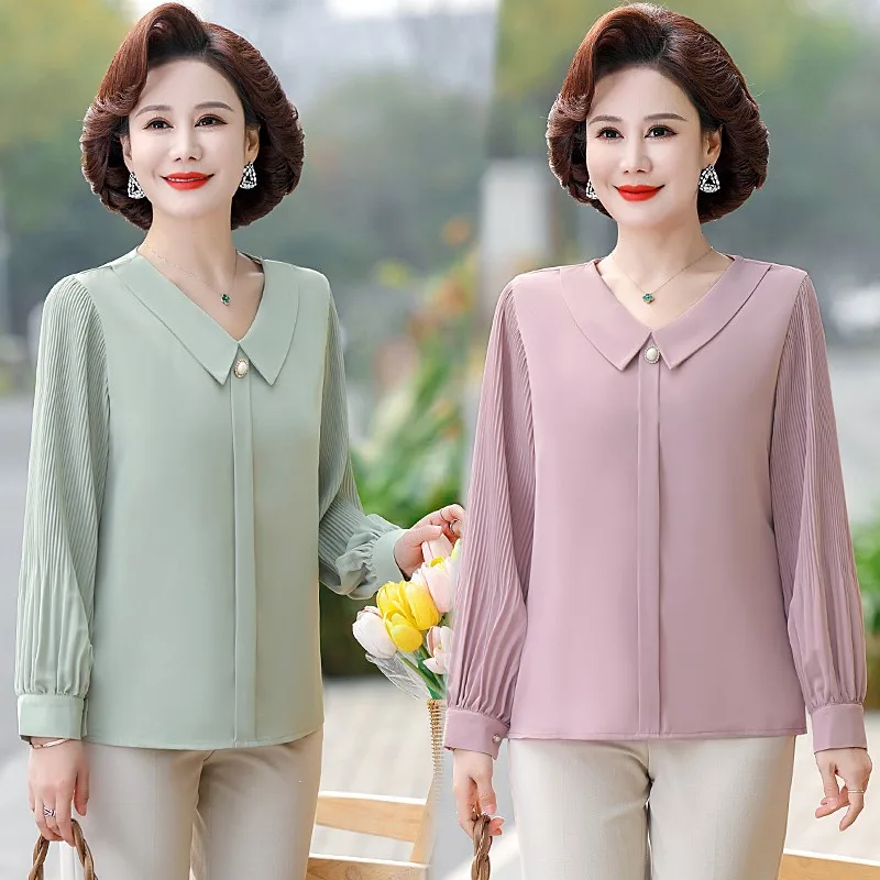 Fashion Commute Peter Pan Collar Blouse Spring Solid Color Korean Chic Chiffon Wrinkled long sleeves Shirt Female Clothing