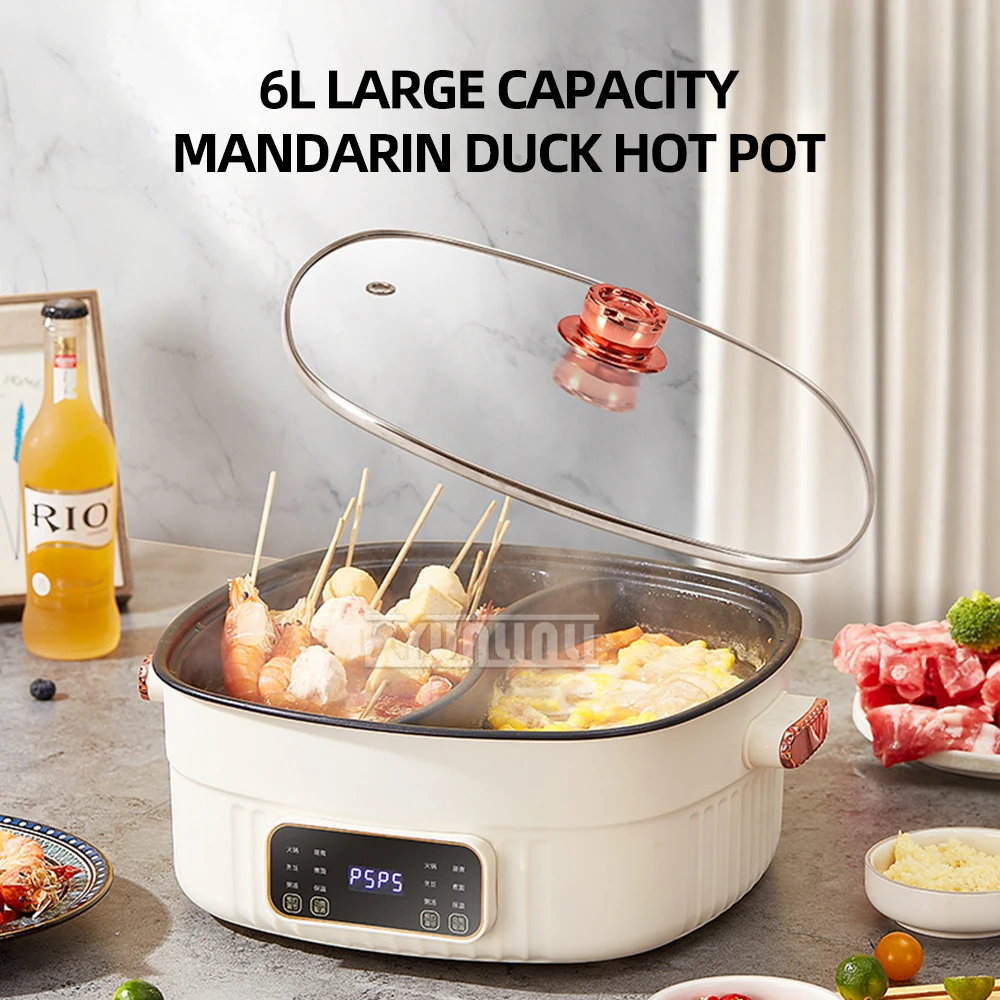 6L Double Hot Pot Cooker Large Capacity Household Electric Cooking Pot Multifunctional 2 Flavor Non-stick Kitchen Pot