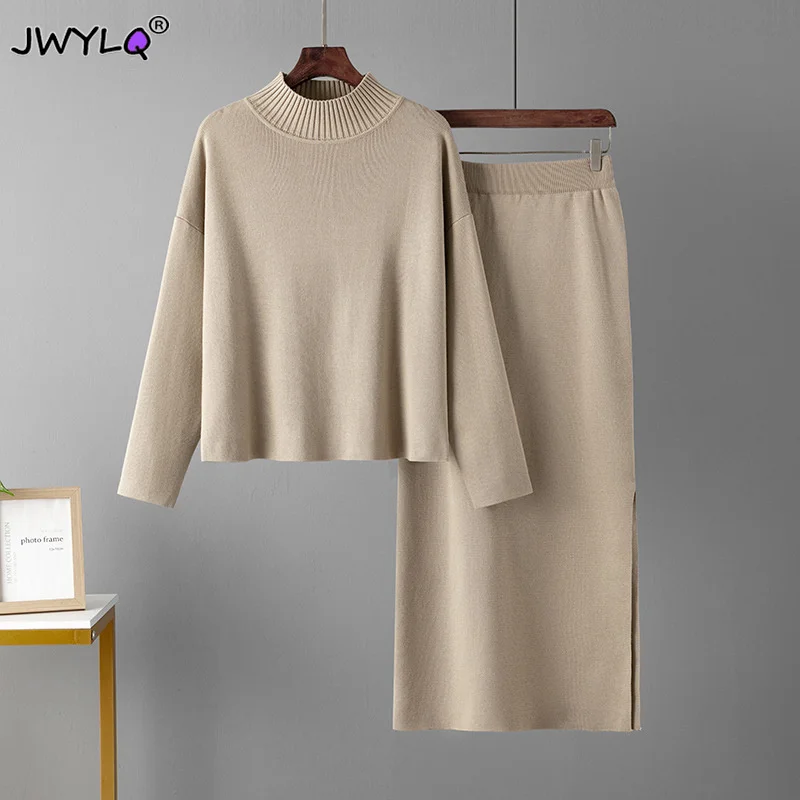 Elegant Knitted Turtleneck Sweater + Two Piece Skirt Set Womens Casual Loose Warm Tracksuits Solid Color Female Suits Crop Tops