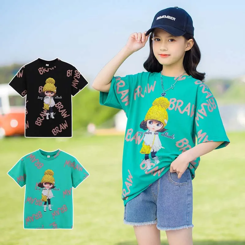 

Korea Summer School Girl Loose Tee Children Girl Alphabet Cotton Sportswear Junior Girl Short Sleeve T-shirt Kid Bottoming Shirt