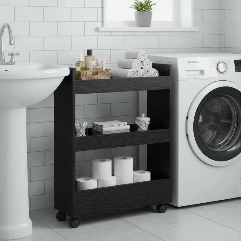 Carrito de almacenamiento estrecho de 3 niveles para cocina, baño y salón: aspecto madera, móvil con ruedas con freno