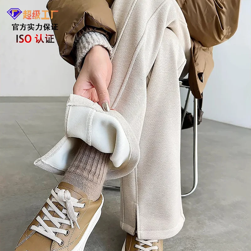 المرأة الخريف/الشتاء وصول جديد عالية الخصر مستقيم الساق سميكة سبليت رقيق بنطال ذو قصة أرجل واسعة في نسيج القطن والكشمير