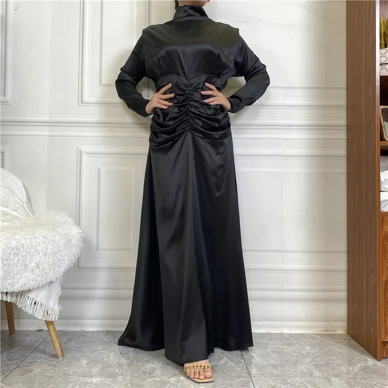 Eid femmes col roulé Robe Maxi musulman Abaya plissé dubaï Abaya turquie caftan Robe en Satin robes Femme Musulmane Jalabiya Robe