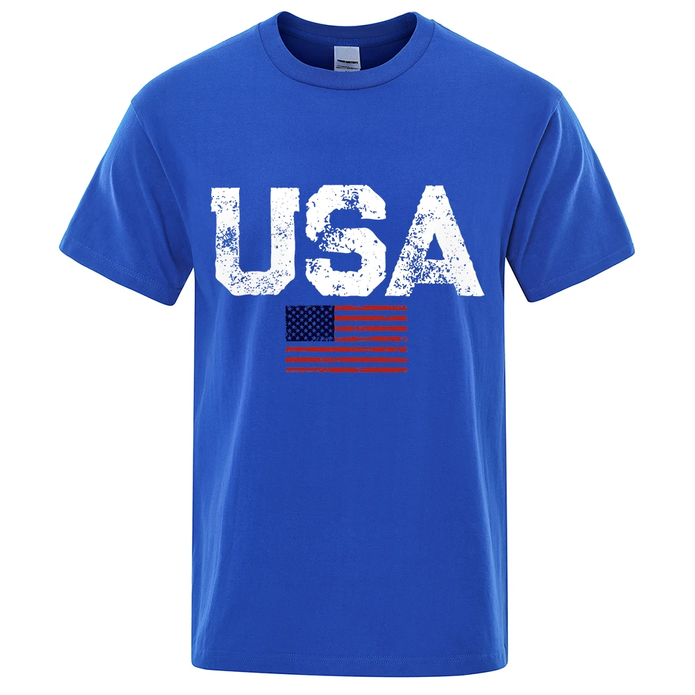 

Usa Letter American Flag Printing T-Shirt Men Cotton Crewneck T Shirts Summer Loose Clothes Multicolor Trendy Short Sleeve