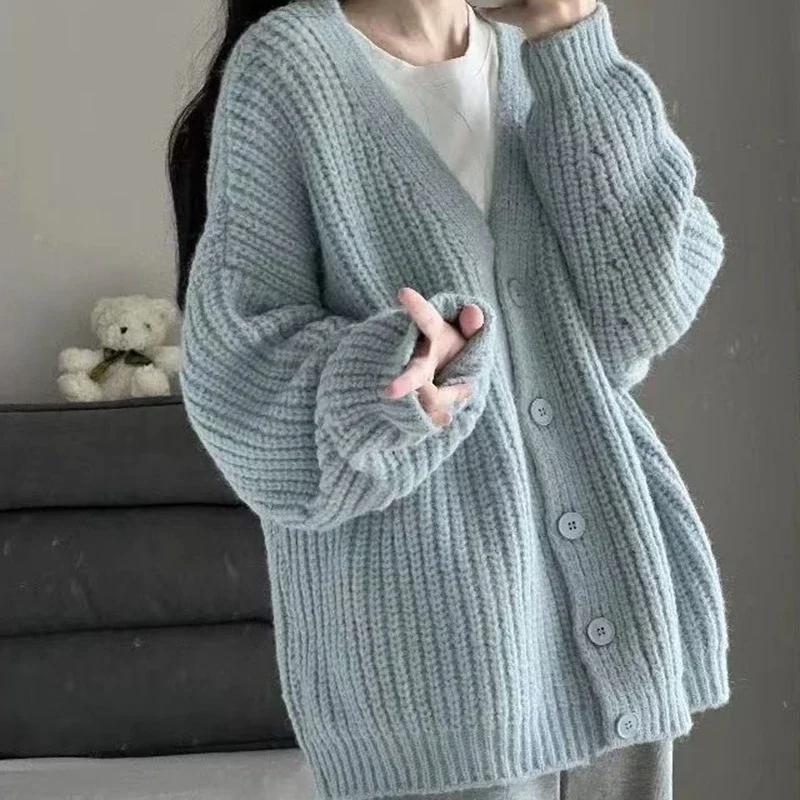 Rimocy Sweet Pink Knitted Cardigan Sweater Women Korean Long Sleeve V Neck Cardogans Woman Wild Button Up Jumper Coat Female