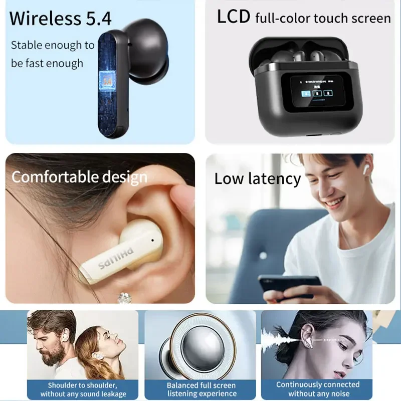 فيليبس TAT4159 TWS سماعات لاسلكية ANC شاشة تعمل باللمس إلغاء الضوضاء سماعة IPX4 مقاوم للماء سماعات رأس رياضية ميكروفون مدمج