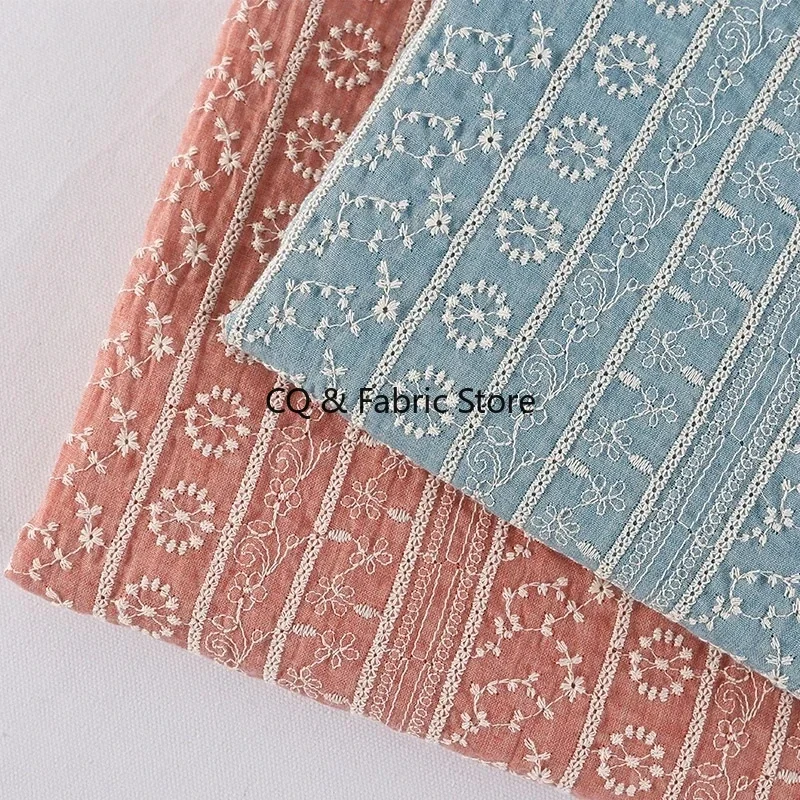 

Pink Blue Dress Embroidery Fabric Handmade DIY Clothing Fabric Cotton Exquisite Sling Dress Accessories By The Meter