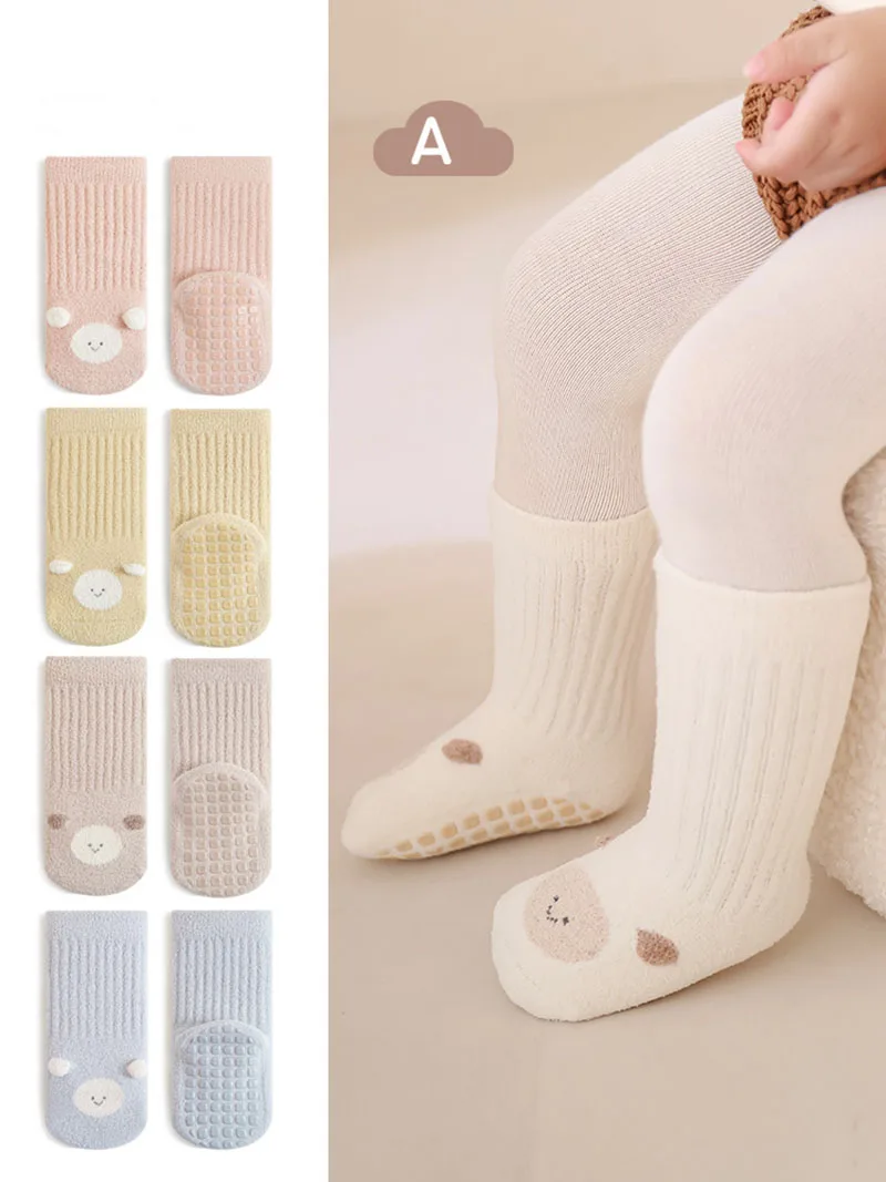 3 Paar viele Winter-Kinder-Röhrensocken, 0–5 Jahre, Fleece-gepolsterte Kinder-Bodensocken, Cartoon-Tier, Kleinkind, Jungen, rutschfeste Socken