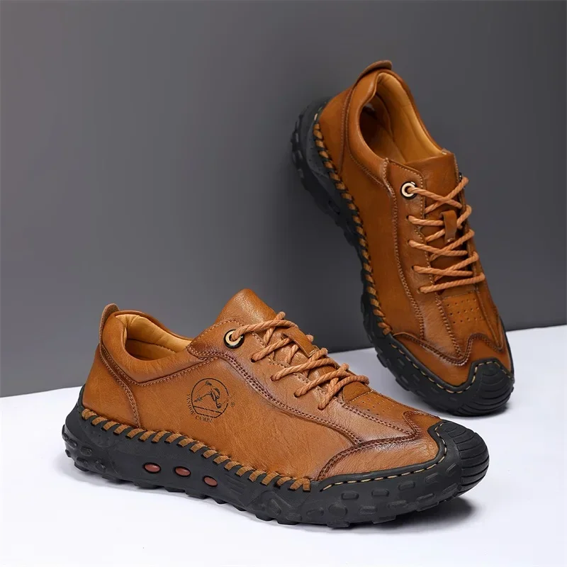 Men's Leather Casual Shoes Hand-stitched Retro Lightweight Soft Sole Anti-Slip Casual Shoes Outdoor Breathable Business Shoes