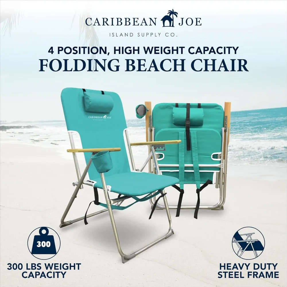 Silla de playa plegable portátil con posiciones ajustables, diseño de mochila, reposacabezas, portavasos y brazos de madera para acampar y O