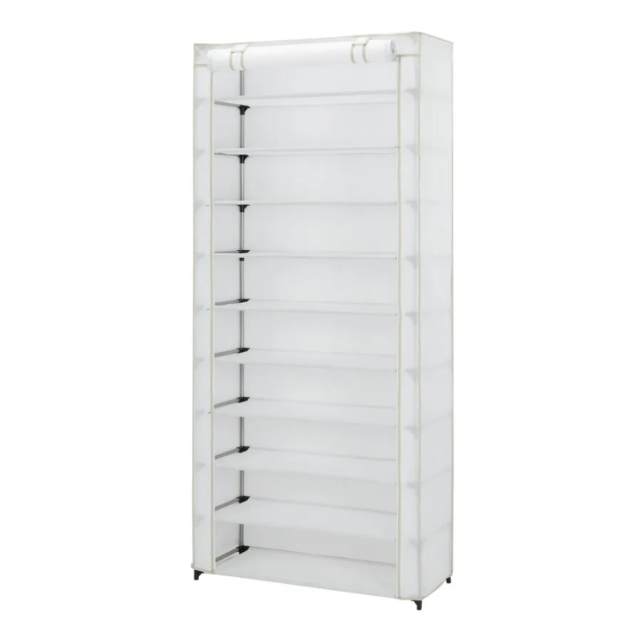 

10 Shelf Organizer Shoe Rack with Cover to Hold 30 Pair Shoes 31.5 in W x 13.46 in D x 69.09 in H White