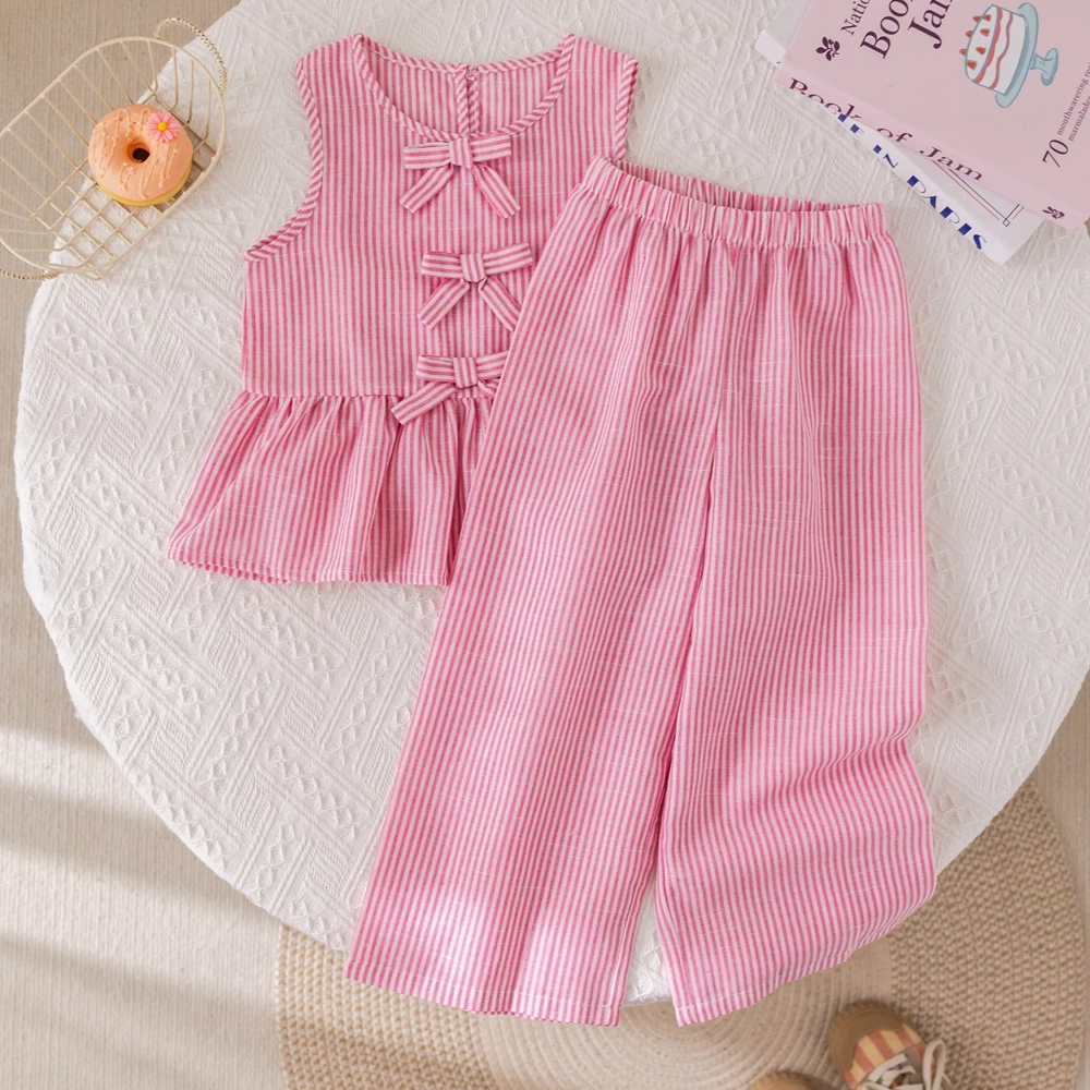 Summer Girls\' Suits Pink vertical stripe Bow Sleeveless Vest Top+Pants Two-piece Set Sweet Kids\' Clothing Sets