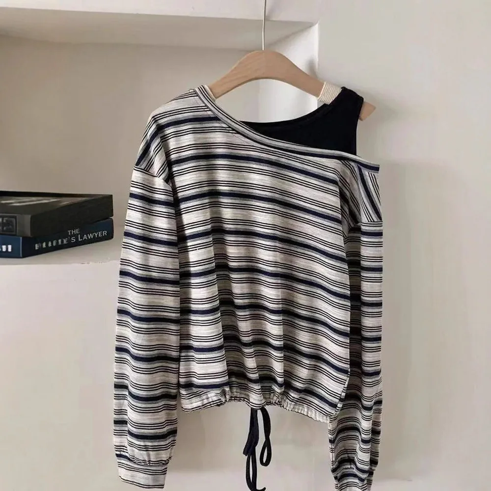 2026 Autumn Design Sense Slant Neck Off-Shoulder Drawstring Contrasting Striped Sweater Women's Loose Long Sleeve T-Shirt Top