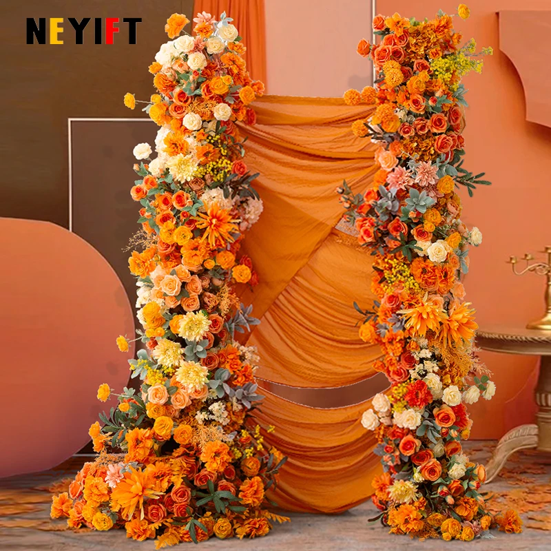 وردة برتقالية وصفراء زهرة الفاوانيا ديكور عداء الصف ، خلفية الزفاف ، أرضية القوس ، ترتيب الأزهار ، حدث حفلة عيد ميلاد ، دعامة