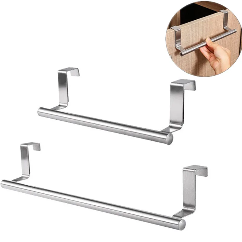 Stainless Steel Towel Racks No Punching Kitchen Cabinet Door Towel Rack Bar Hanging Holder Rag Shelf Hanger Home Organizer Hooks