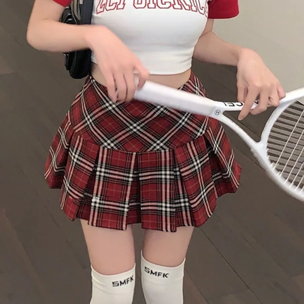 

Summer 2026 Vintage Korean Style High Waist Patchwork A-line Mini Skirt Harajuku Preppy Fashion Plaid Pleated Skirt Red Women
