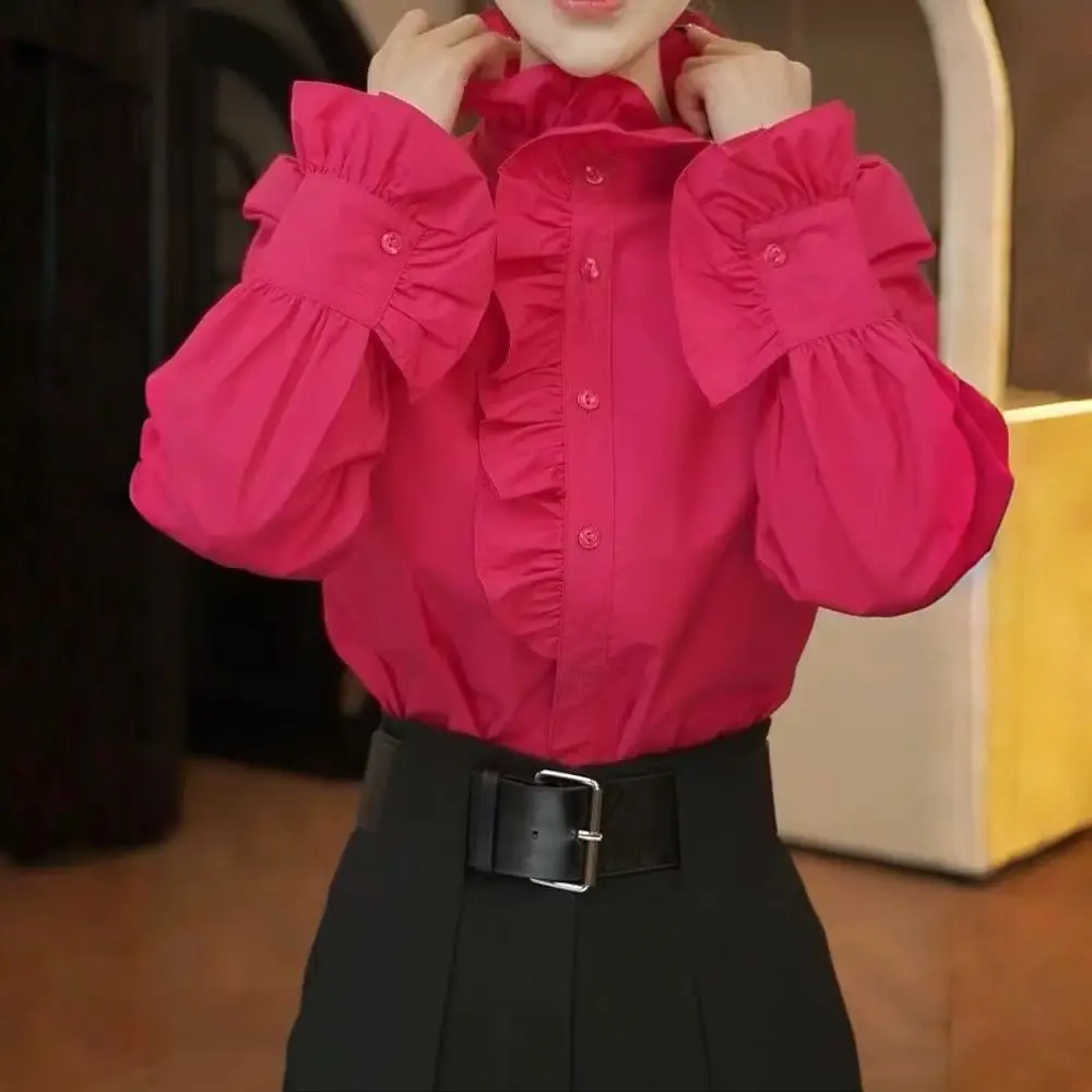 

Elegant Wood Grain Ruffle Half High Collar Loose Women's Shirt Stylish Early Autumn Spring Fashion Slimming Effectiveness