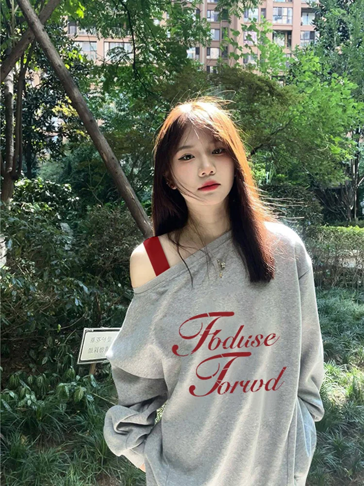 2025 Spring and Autumn New Women's American Retro Gray Off-Shoulder Loose Casual Long Sleeve Letter Print Sweatshirt