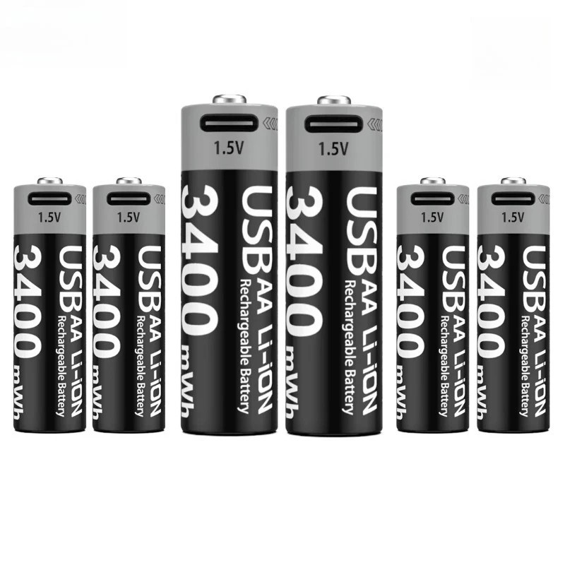 Li-Ionen-AA-Akkus, USB-Lithium-Ionen-Akkus, 3400 mWh, 1,5 V AA-Akkus