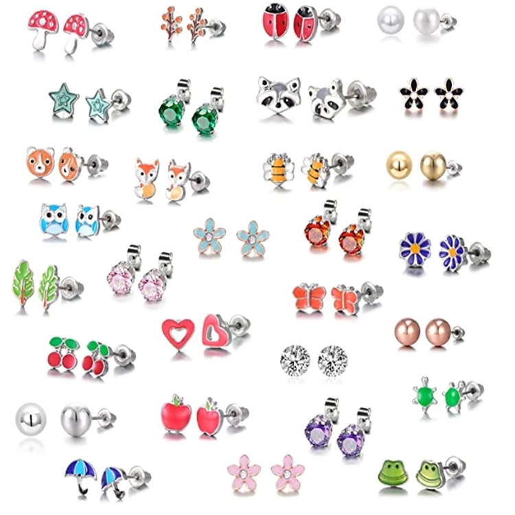 

Korean Kids Stainless Steel Frog Ladybug Animal Earrings Cute 30 Pairs Flower Mushroom Heart Stud Earring Set for Girls