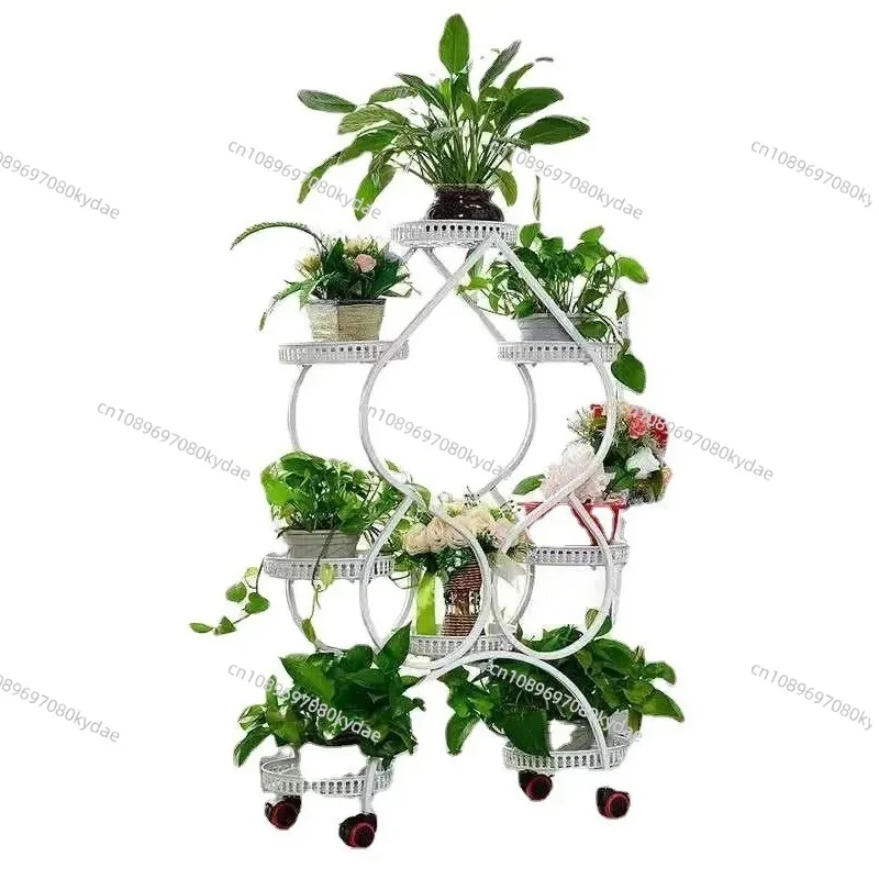9 Pots 130cm High Movable Flower Stand Wrought Iron Multi-layer Wheeled Shelf Balcony  Flower Shelf Floor-to-ceiling Slidin