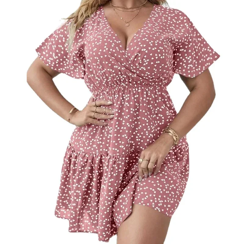 Sexy Deep V-Neck Mini Dresses For Women Summer Plus Size Print Ruffle Short Sleeve Boho Vestido Feminino A-Line Elegant Dress
