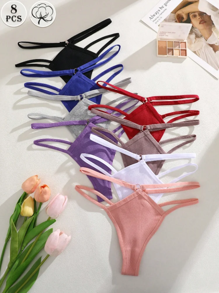 8Pcs/Set Women Sexy Cotton Panties Two Belts Hollow Out G-String Thongs Breathable Underwear Female Solid Color Lingerie S-XL