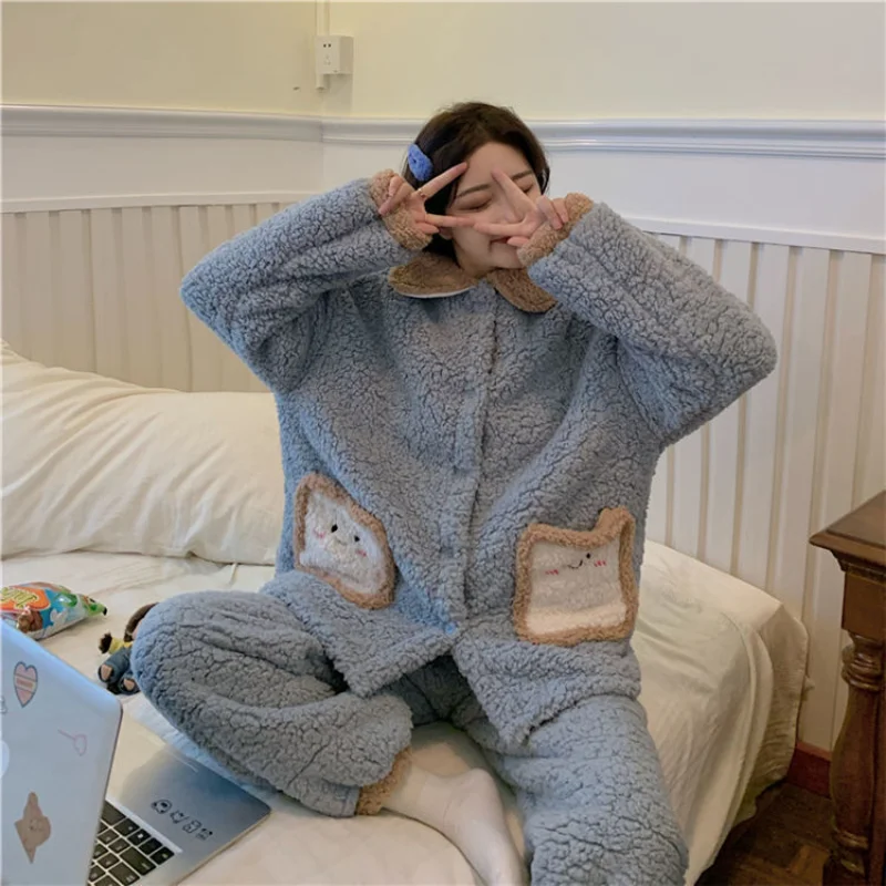 

Thick Plus-velvet Pajama Sets Women Warm Winter New Cozy Loose Leisure Lovely Girls Sleepwear Patchwork Pockets Designed Chic