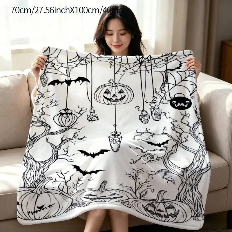 Hand-Drawn Style Halloween Pumpkin And Bat Print Flannel Throw Blanket, Soft Sofa Nap Air Conditioner Small Blanket Soft And Comfortable, Halloween Decoration Gift All-Season Use Blanket, Home Sofa Air Conditioner Throw