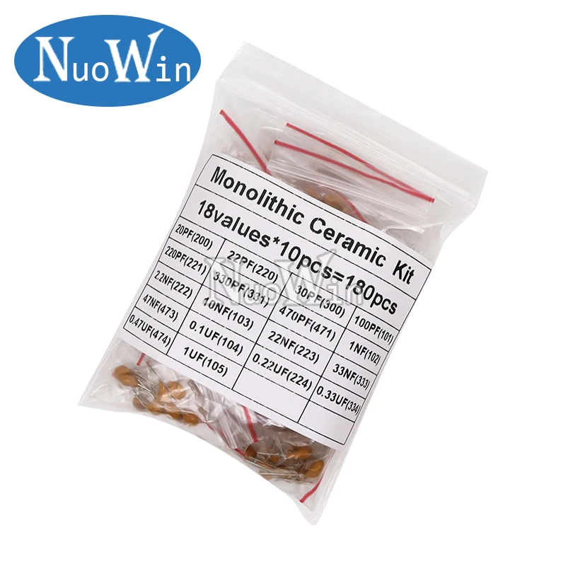 180PCS Monolithic Ceramic Capacitor Kit 18values*10pcs 20PF-1UF 50V Capacitance Assorted DIY Set