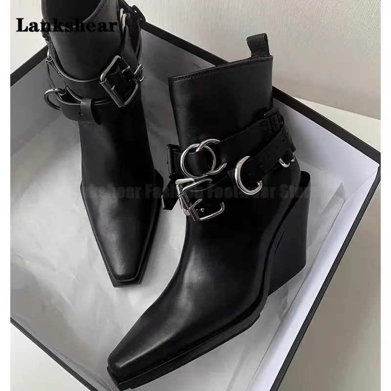 

Black Pointed-Toe Wedge Boots Women's New Short Tube High-Heeled Chelsea Short Tube Platform Ankle Boots Autumn and Winter