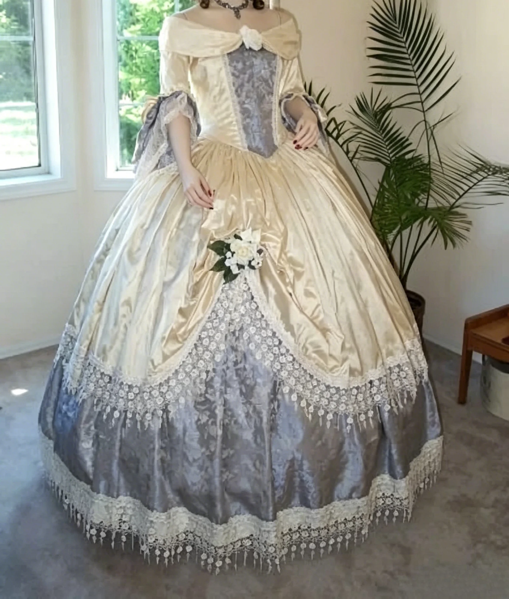 Customized 2026 New Ivory Blue Wedding Dress Full Sleeve Ruched Corset Lace Up Back Vintage Civil War Lolita Bridal Gown Outfit
