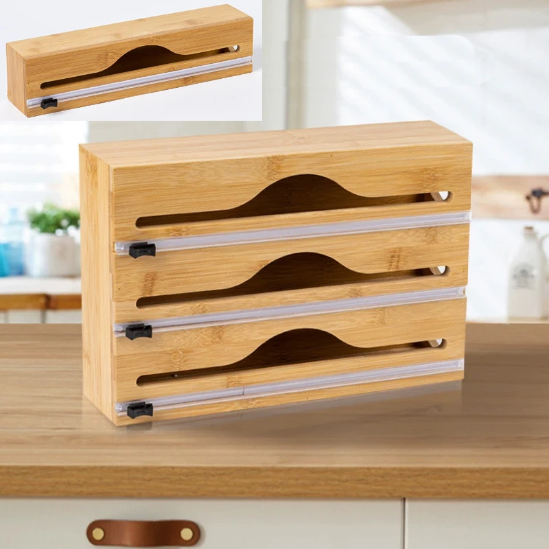 

Bamboo Wrap Dispenser with Built-In Cutter Storage for Cling Film Aluminum Foil Wax Paper Kitchen Drawer Wall Mounted Organizer