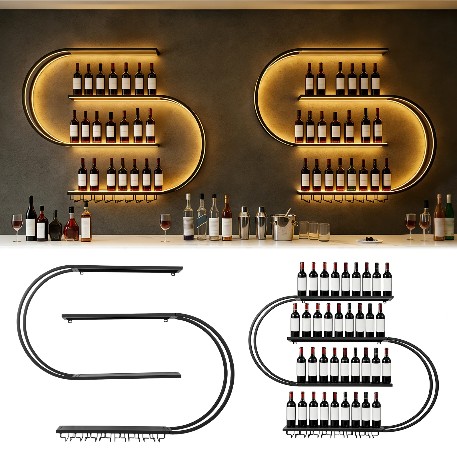 4-Tiers Bar Liquor Bottle Display Shelf with LED Light Wall Mounted Wine Rack with Glass Holder for Home Bar Kitchen Dining Room
