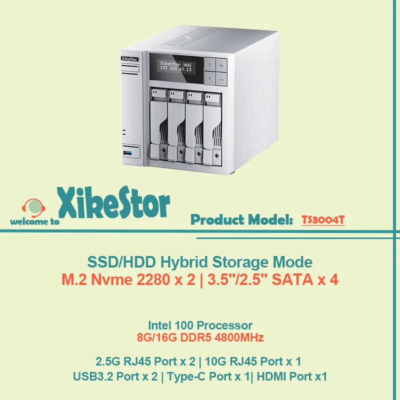

XikeStor All-in-1 M.2 Nvme 2280 x 2 и 3,5 дюйма/2,5 дюйма SATA x 4 SSD/HDD Гибридный процессор NAS Intel 100 Процессор 8 ГБ/16 ГБ DDR5 4800 МГц