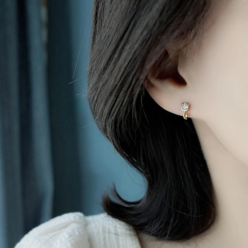925 Sterling Silver Flower Tulip Stud Earrings for Girls Sporty Mini Zircon Plant Earring Lady Engagement Piercing Jewelry Gift