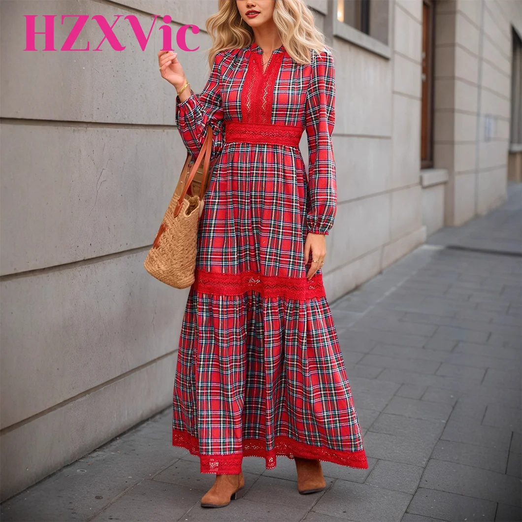 

HZXVic women's dress cake long skirt red checkered lace patchwork shirt long sleeved waist cinching dress retro Christmas
