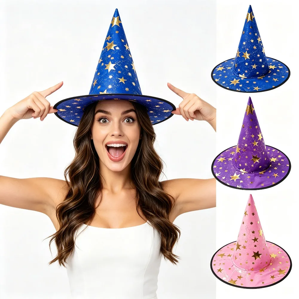 Halloween Gold Star Pointed Witch Hat Multi-color Wizard Party Costume Hat for Cosplay Dress Up