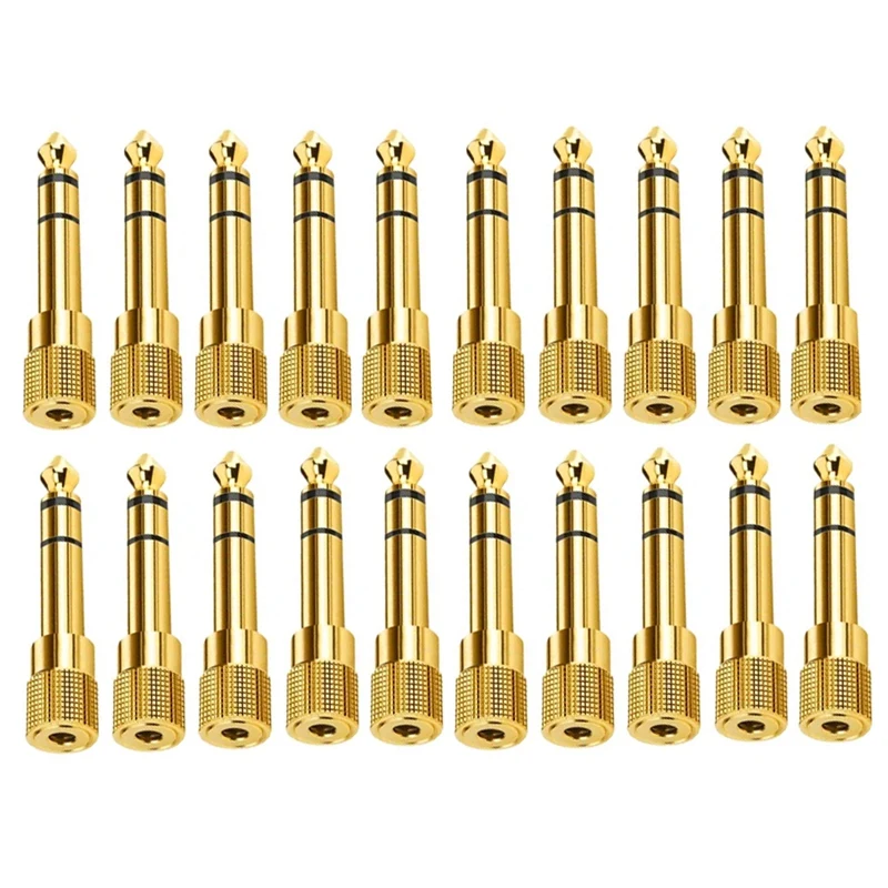 20Piece Hifi 1/4 Inch 6.35Mm Male To 3.5Mm Female Stereo Audio Adapter Amplifier Mixer Guitar 6.35 To 3.5 Converter Gold Metal